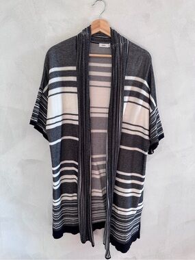 Vince - Black & White Striped Open Front Cardigan Short Sleeve Cotton Knit - S